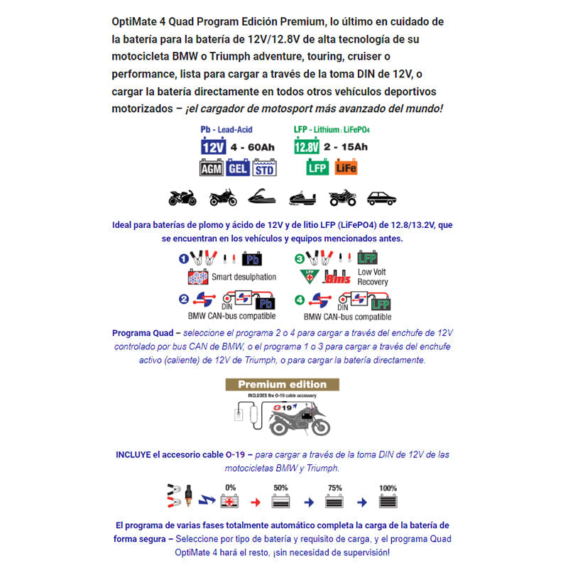 CARGADOR/MANTENEDOR DE BATERÍAS OPTIMATE 4 QUAD PROGRAM PREMIUM TM630-PR